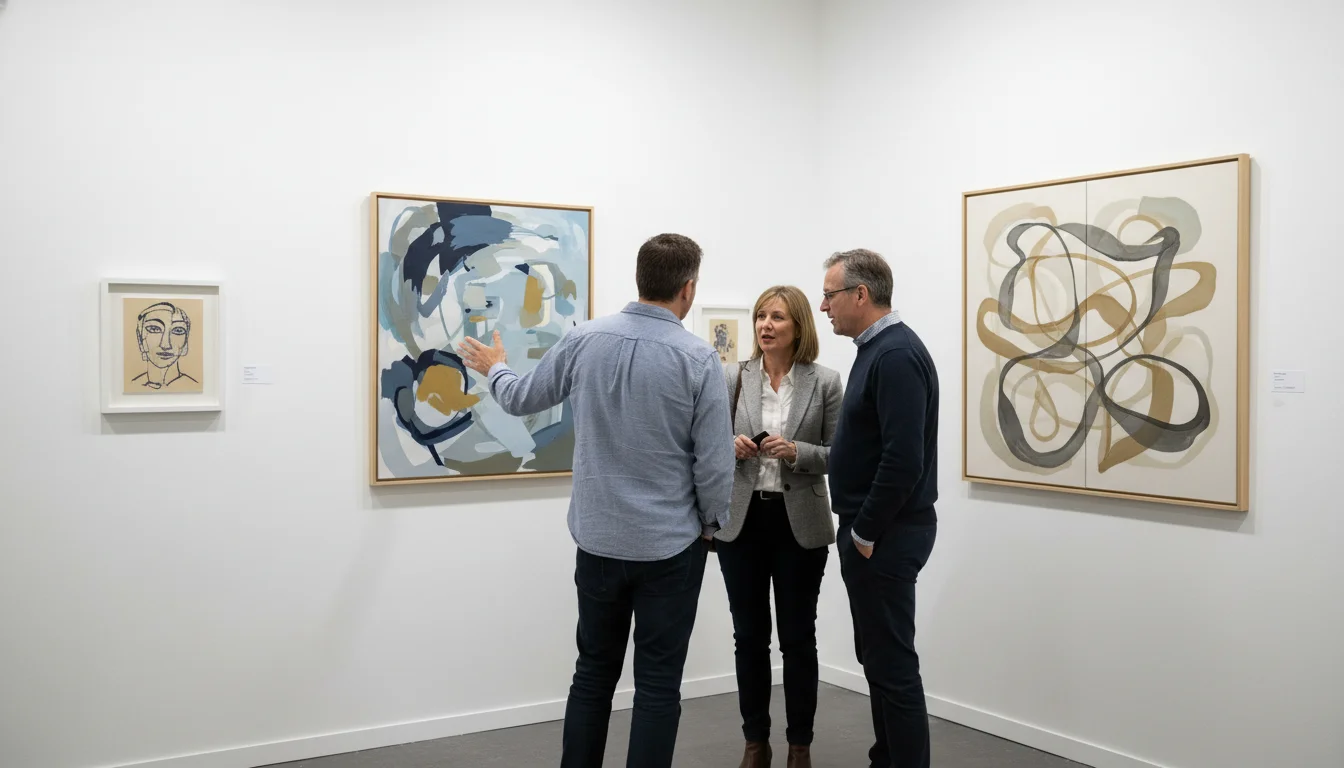 Affordable Art Fair Battersea - אמן עומד בסטנד הגלריה ומדבר עם זוג קונים על ציור עכשווי