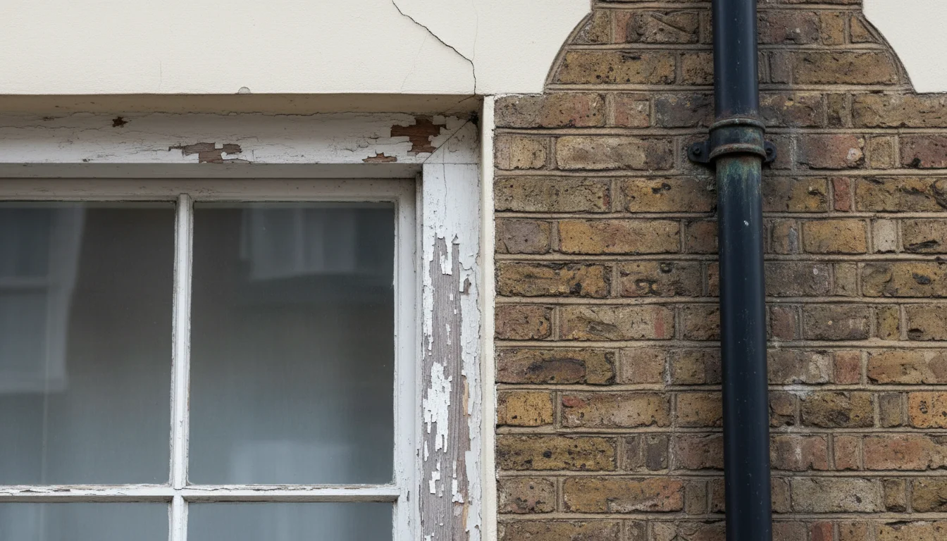 פרטים אדריכליים בנכס לונדוני ישן - חלון עם צבע מתקלף וסדק בטיח, סימנים שצריך לבדוק ב-survey