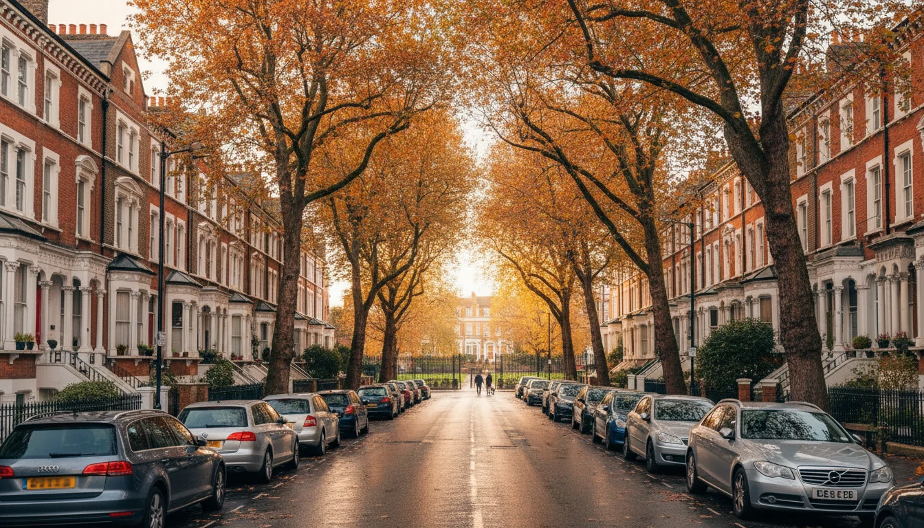 רחוב מגורים בצפון לונדון עם בתים ויקטוריאניים ופארק קטן - בדיקת שכונה לפני קניית דירה בלונדון