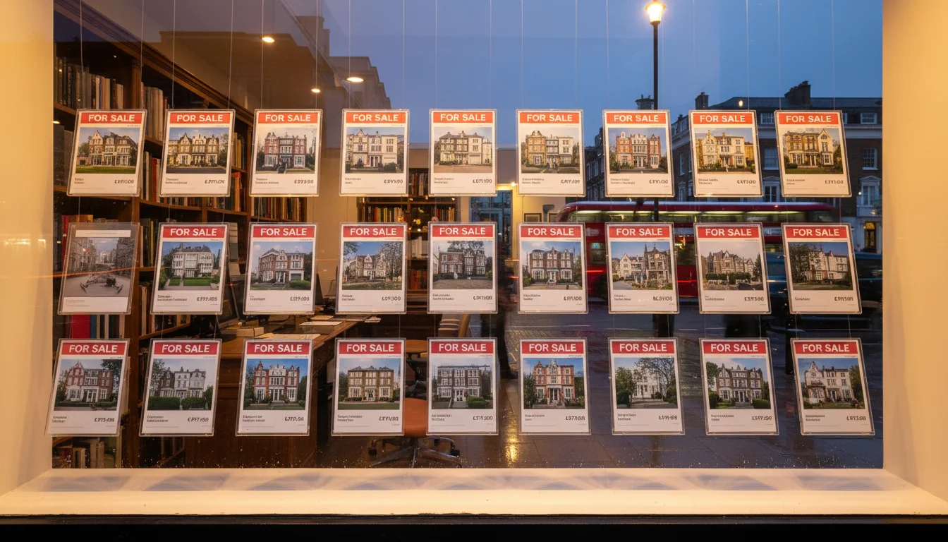 חלון תצוגה של סוכנות נדלן בלונדון עם מודעות נכסים למכירה