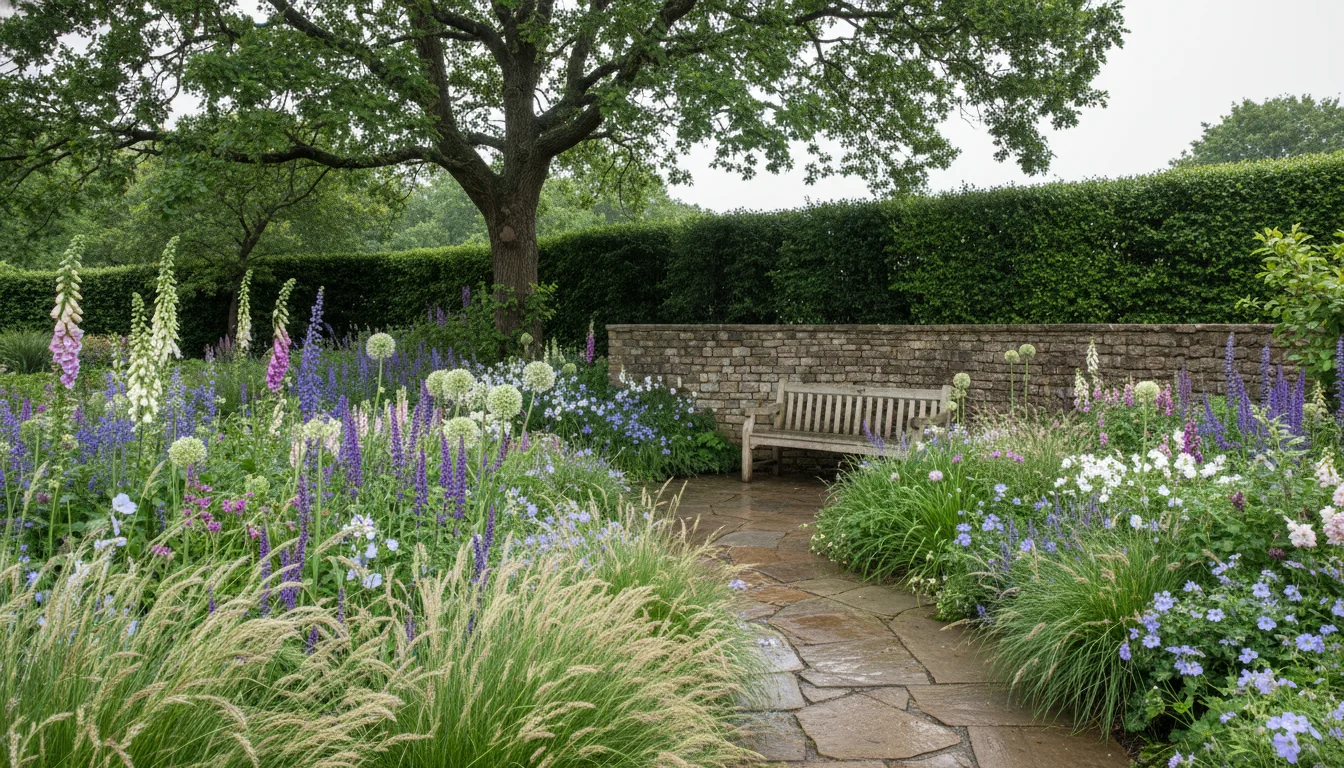 Chelsea Flower Show - show garden עם שכבות של פריחה רב-שנתית, גדרות חיות וגן בריטי מעוצב