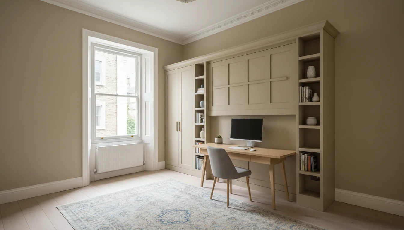 חדר עבודה בדירה לונדונית עם מיטת קיר מקופלת לארון - פתרון שינה לשימוש כפול