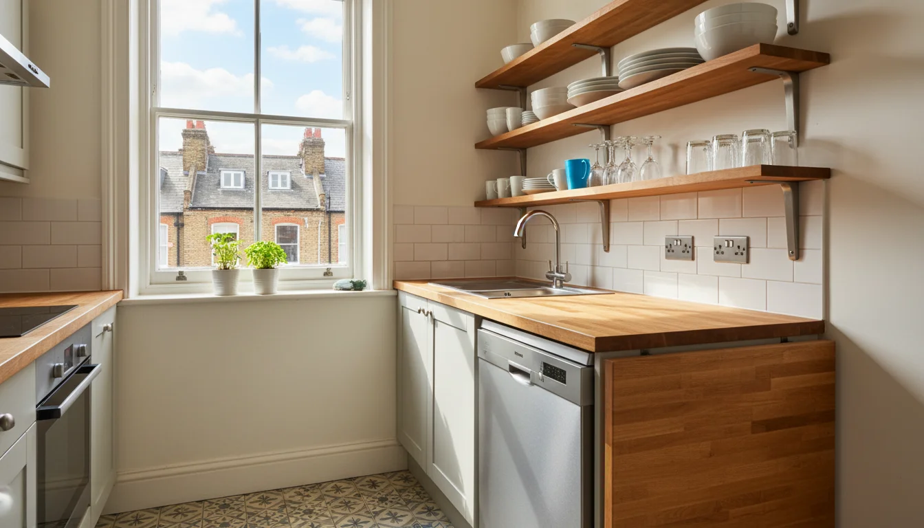 מטבח בדירה לונדונית מעוצב לשימוש משפחתי - משטח עבודה מתארך, מדיח רחב, אחסון מאורגן