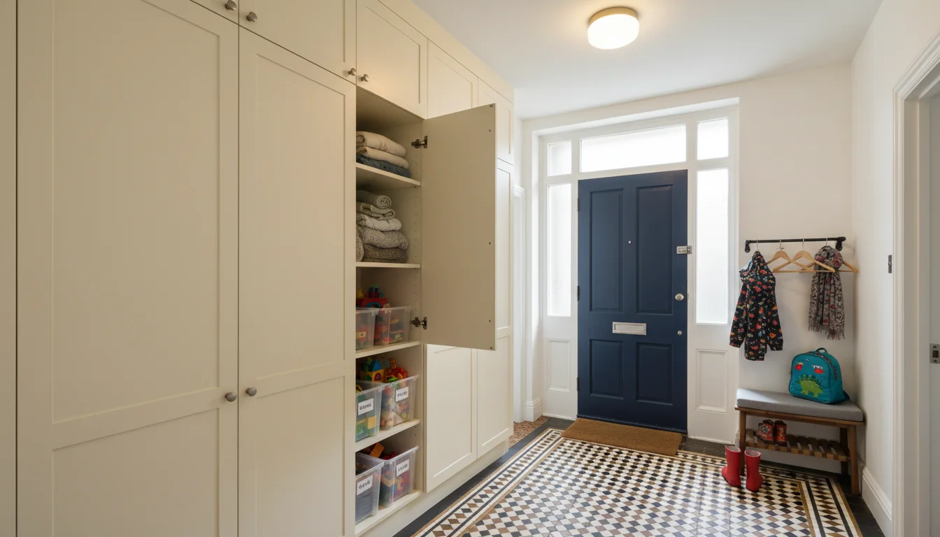 מסדרון בדירה לונדונית עם ארונות אחסון מובנים - פתרון לאחסון צעצועים וציוד משפחתי
