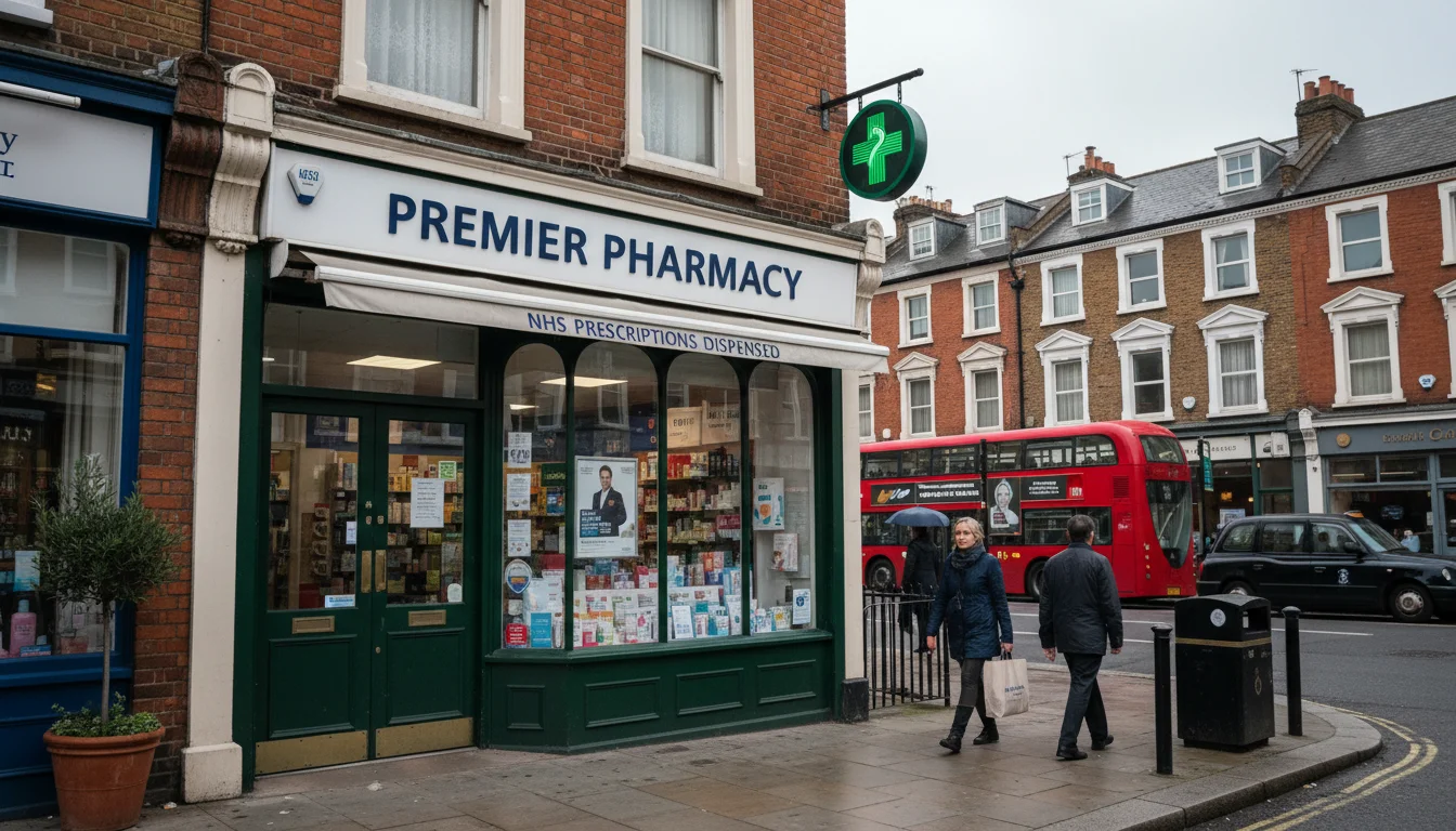 בית מרקחת ברחוב בלונדון - חזית עם שלט הצלב הירוק האופייני