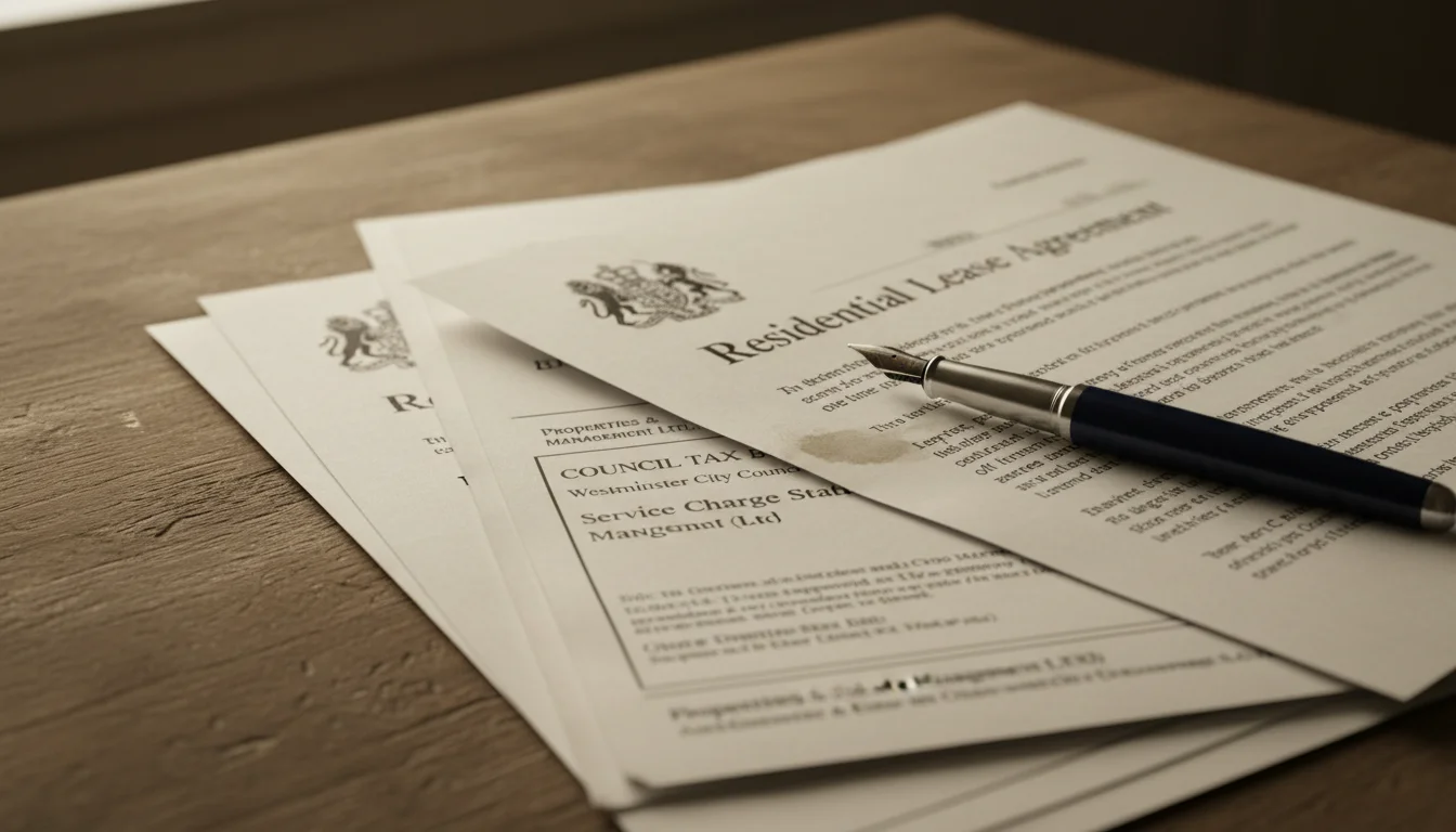 מסמכי נכס בלונדון - חוזה lease, חשבון council tax ו-service charge על שולחן עבודה