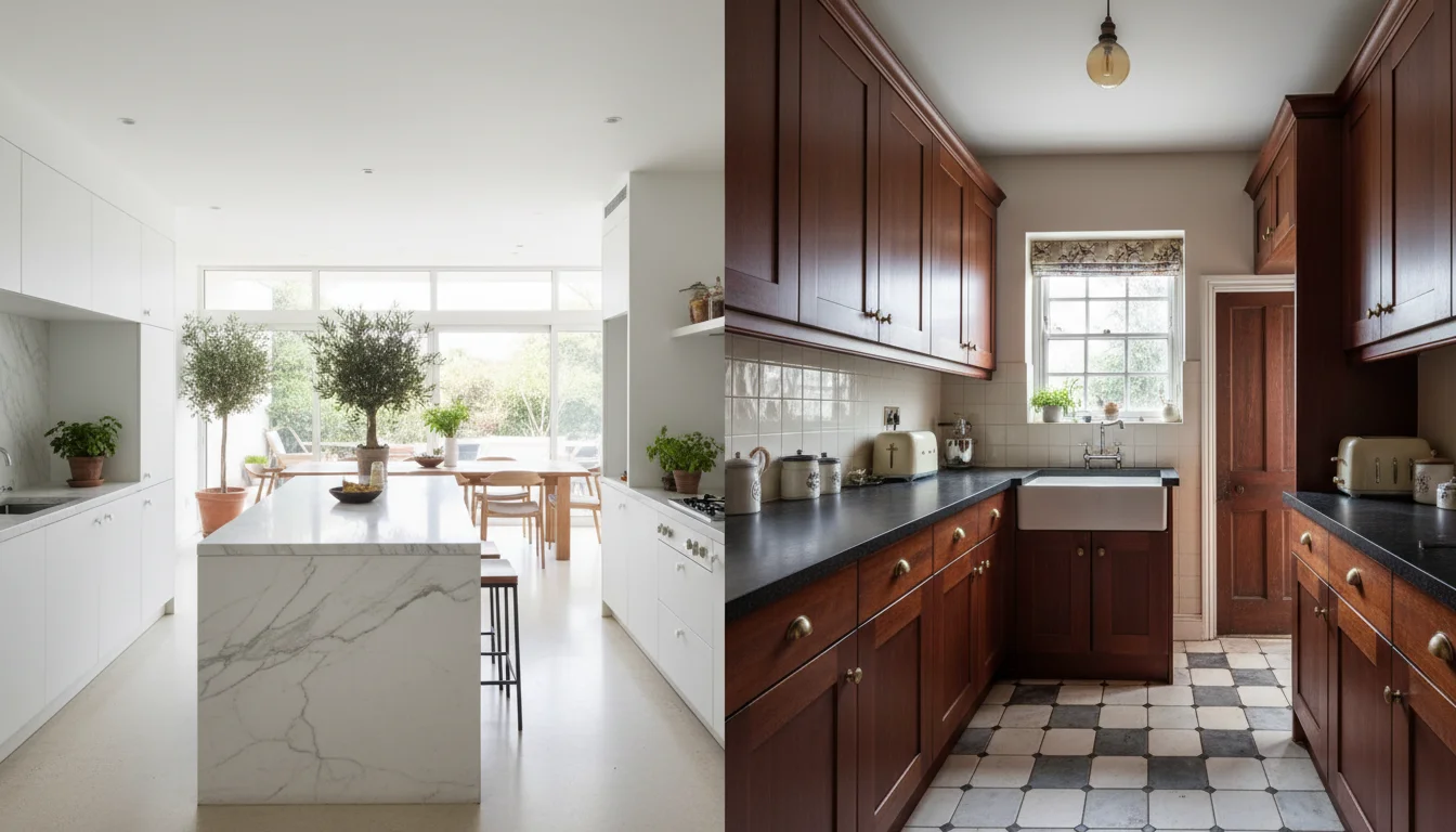 השוואה בין מטבח ישראלי פתוח ומואר למטבח בריטי מסורתי צר וסגור