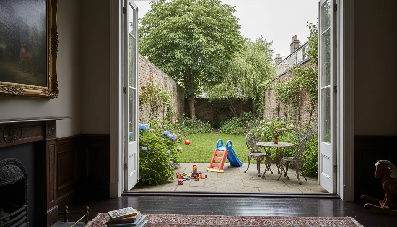 גינה פרטית בלונדון כפי שנראית מתוך בית ויקטוריאני - חלל חיצוני ירוק ומשפחתי