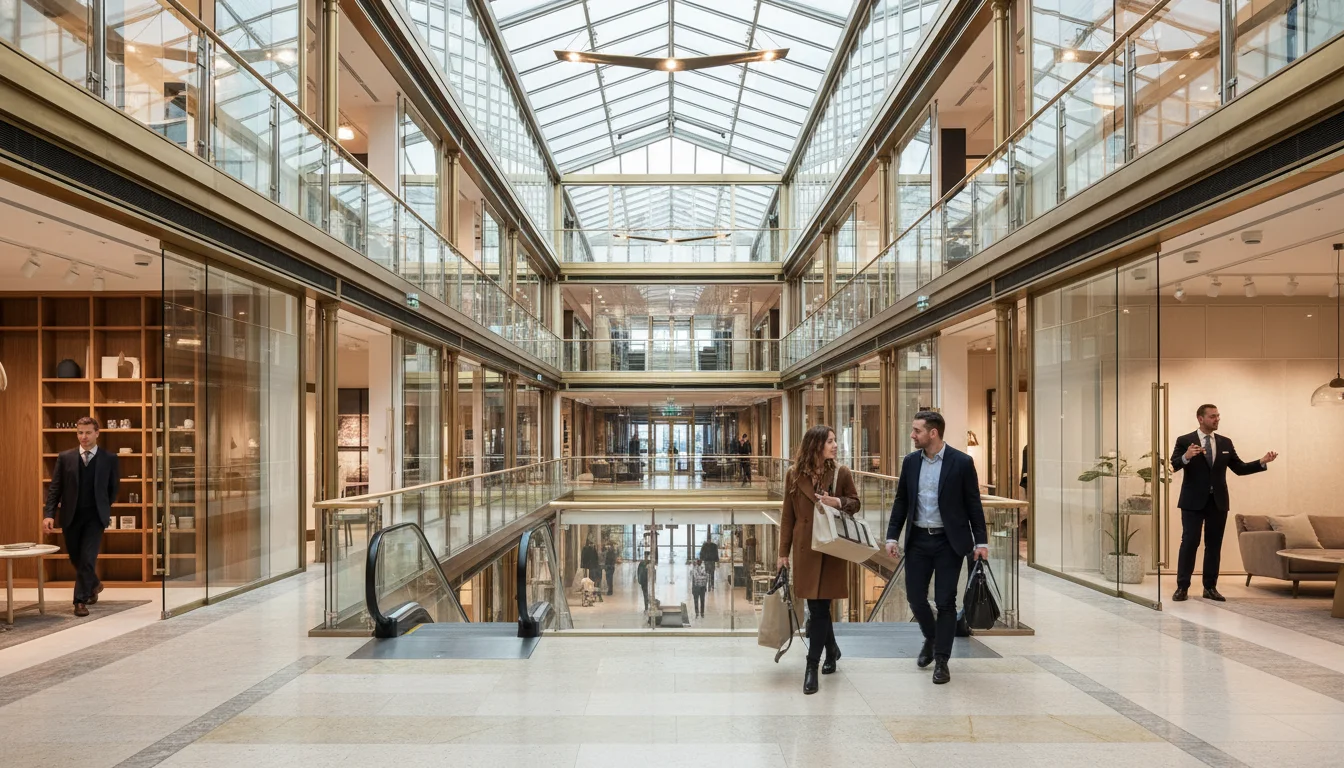 Design Centre Chelsea Harbour - אטריום של מרכז העיצוב בצ'לסי הארבור, שואו-רומים סביב חלל מרכזי גבוה, בוקר חורף שקט
