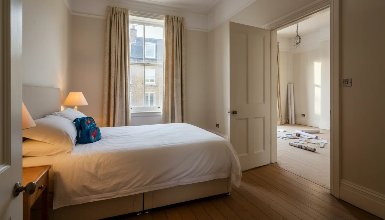 חדר שינה מרוהט בדירה בלונדון לפני שיפוץ - אסטרטגיית הביקור הראשון למשפחה