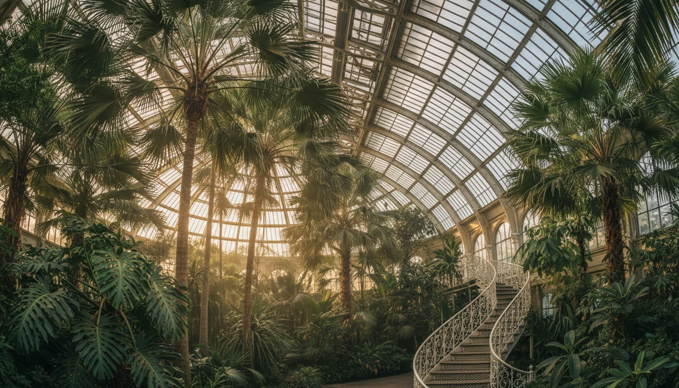 Kew Gardens - ה- Palm House באור של אוקטובר עם צבעי סתיו מסביב לבריכה