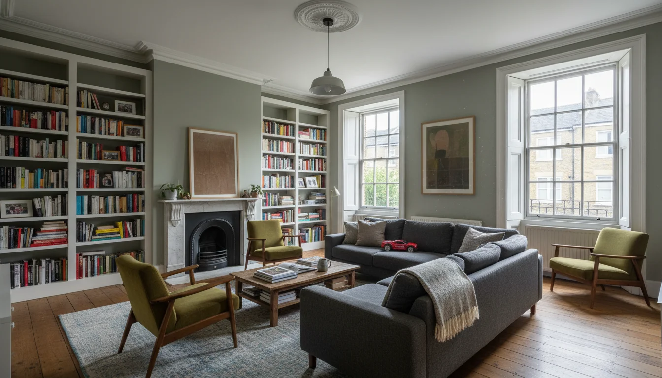 סלון בדירת leasehold בלונדון - תקרות גבוהות, פרטים ויקטוריאניים, חלל משפחתי