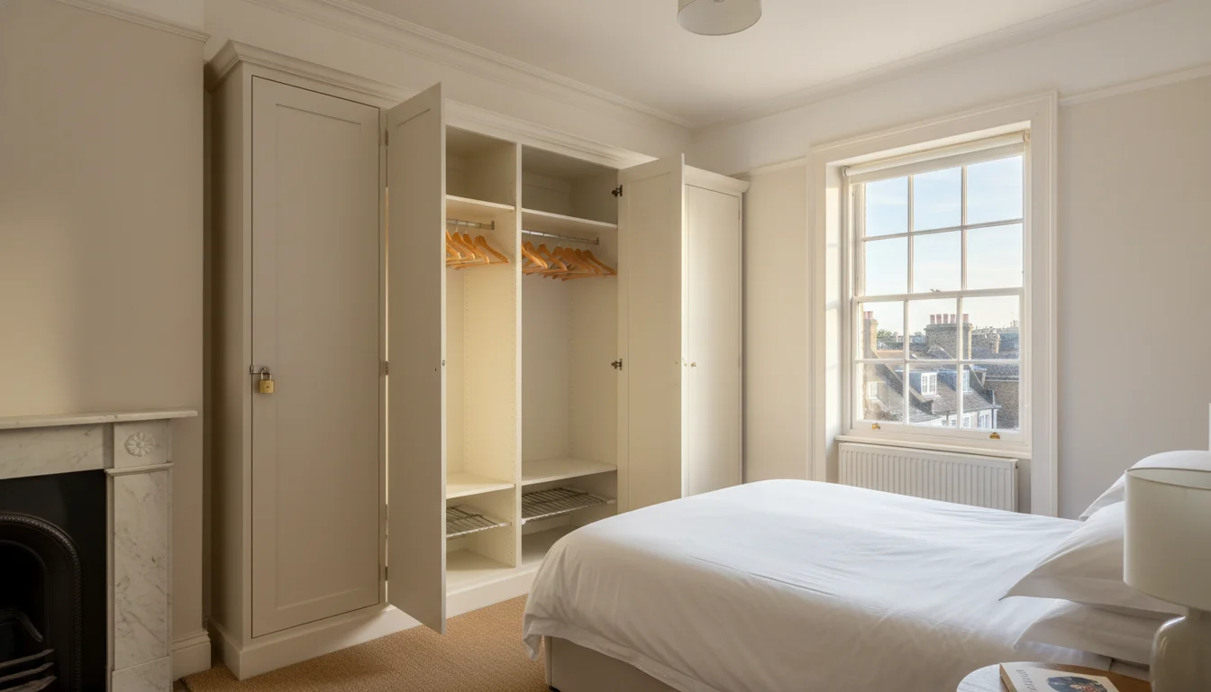 חדר שינה בדירה לונדונית עם ארון נעול לחפצים אישיים - פתרון ביניים להשכרת הדירה