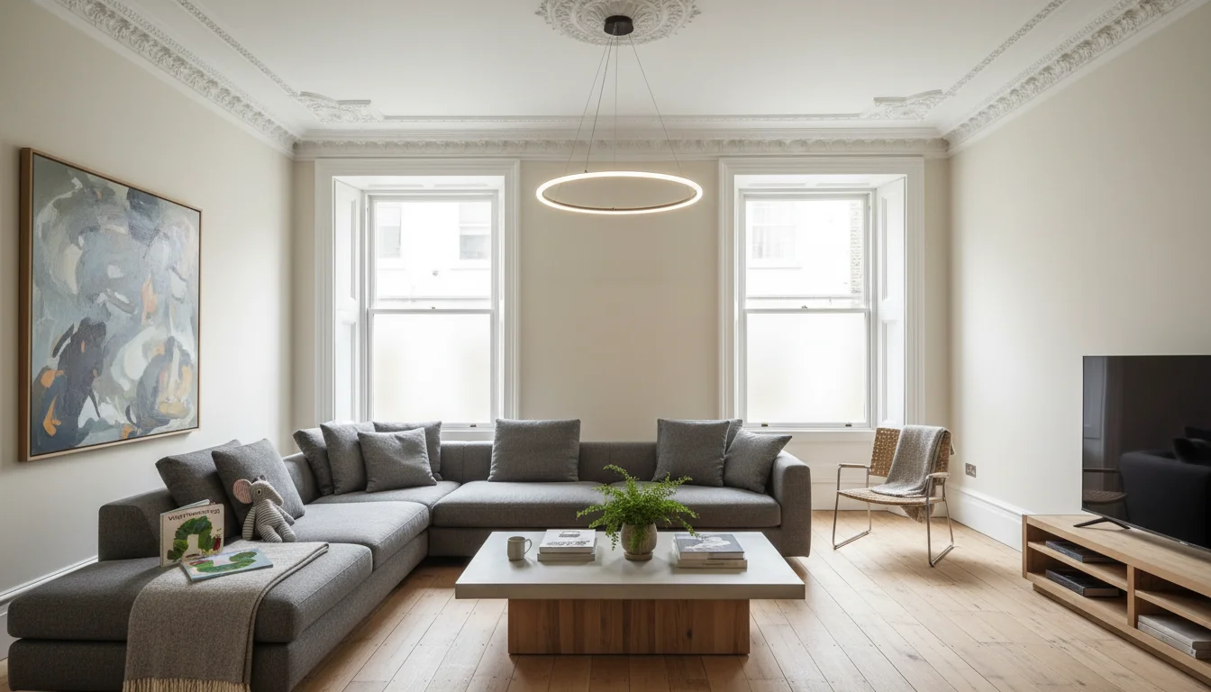 פנים דירה משופצת בתוך listed building - רצפת עץ מקורית עם ריהוט מודרני