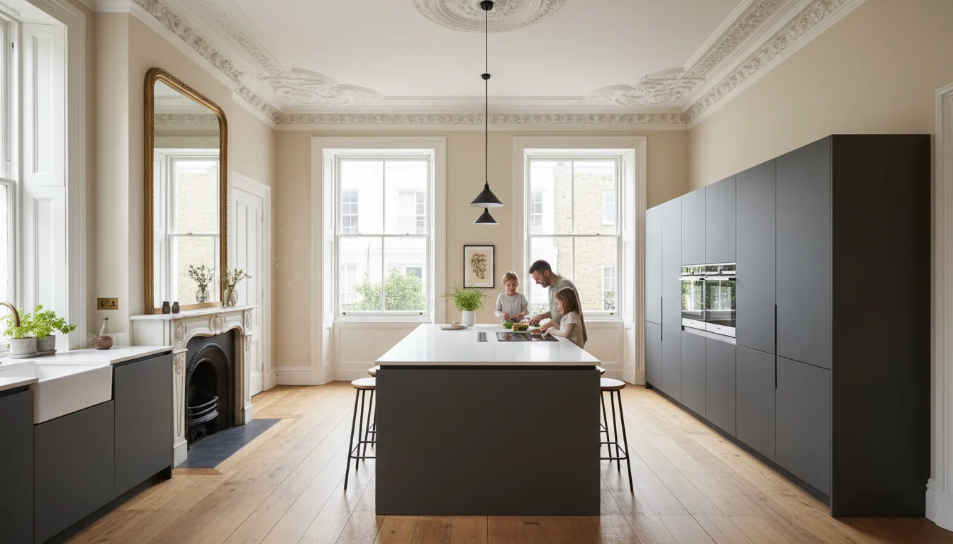 מטבח מודרני בתוך מבנה רשום בלונדון - שילוב בין חדש לישן