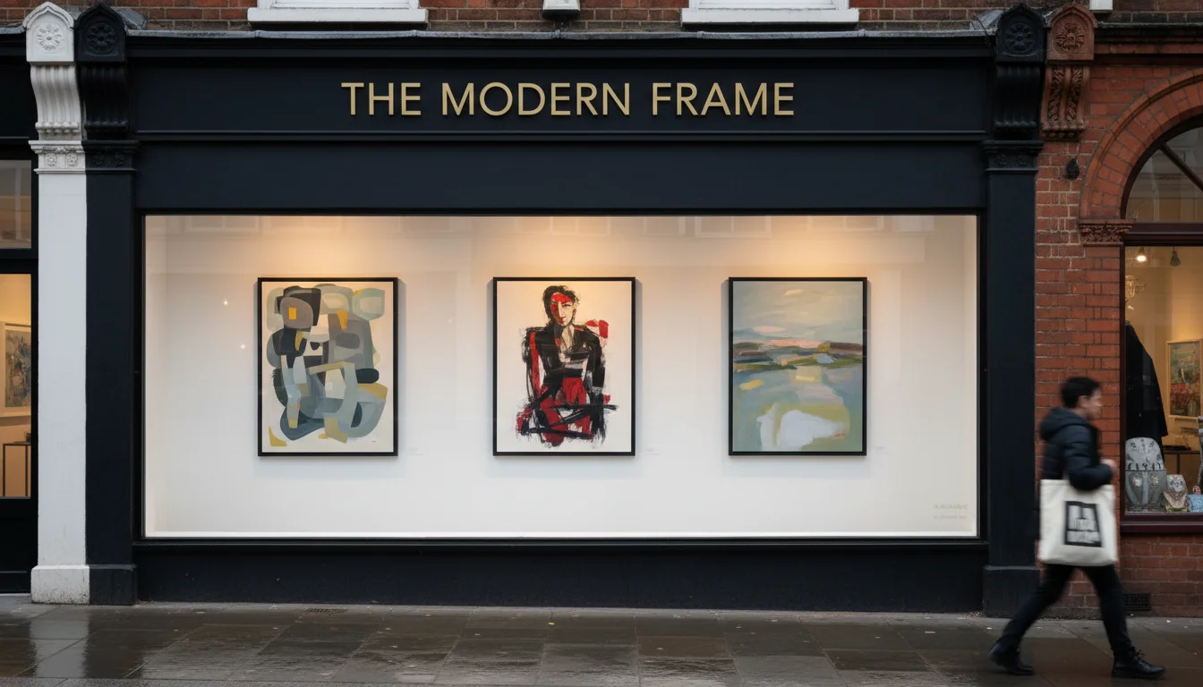 גלריה בהמפסטד - חלון תצוגה עם ציורים עכשוויים ברחוב לונדוני, אווירה של גלריה שכונתית