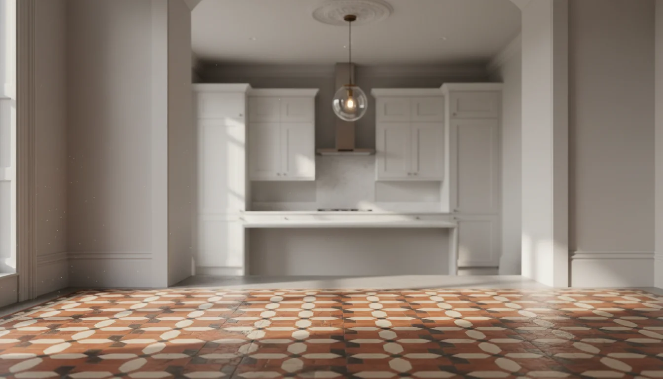 שילוב ישן וחדש - אריחים ויקטוריאניים מקוריים משוקמים עם מטבח מודרני ותאורה עכשווית