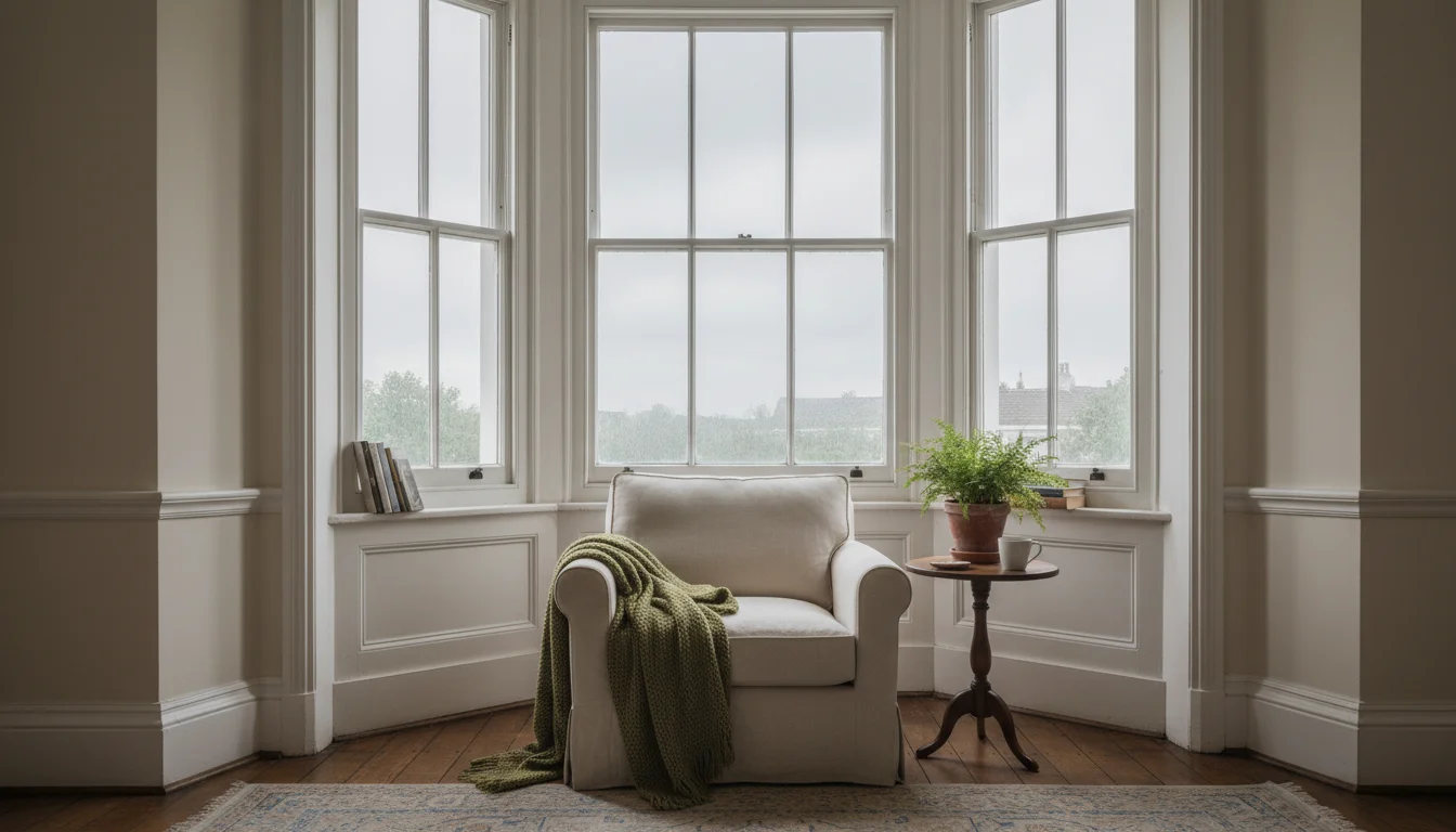 גומחת bay window בדירה לונדונית - אור אפור רך, חומרים חמים, ריסון שמרגיש כמו יוקרה