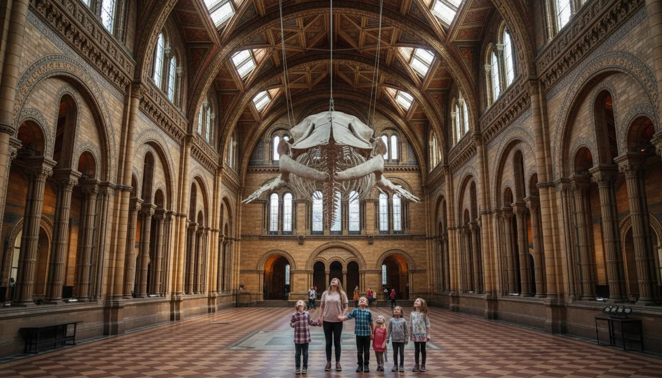 מוזיאון הטבע בלונדון - ילדים מביטים בשלד הלוויתן הכחול באולם הראשי