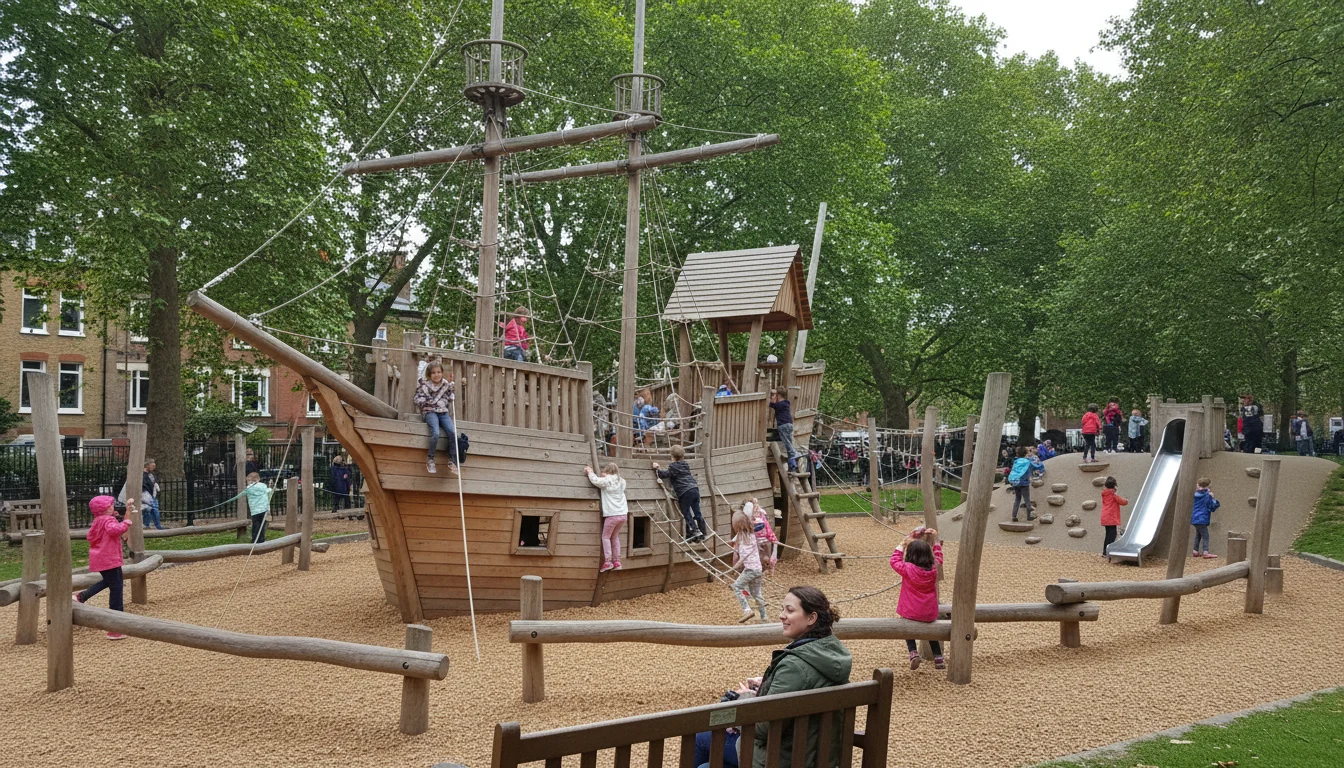 מגרש משחקים מעץ בפארק לונדוני - ילדים מטפסים על מבנה ספינת פיראטים