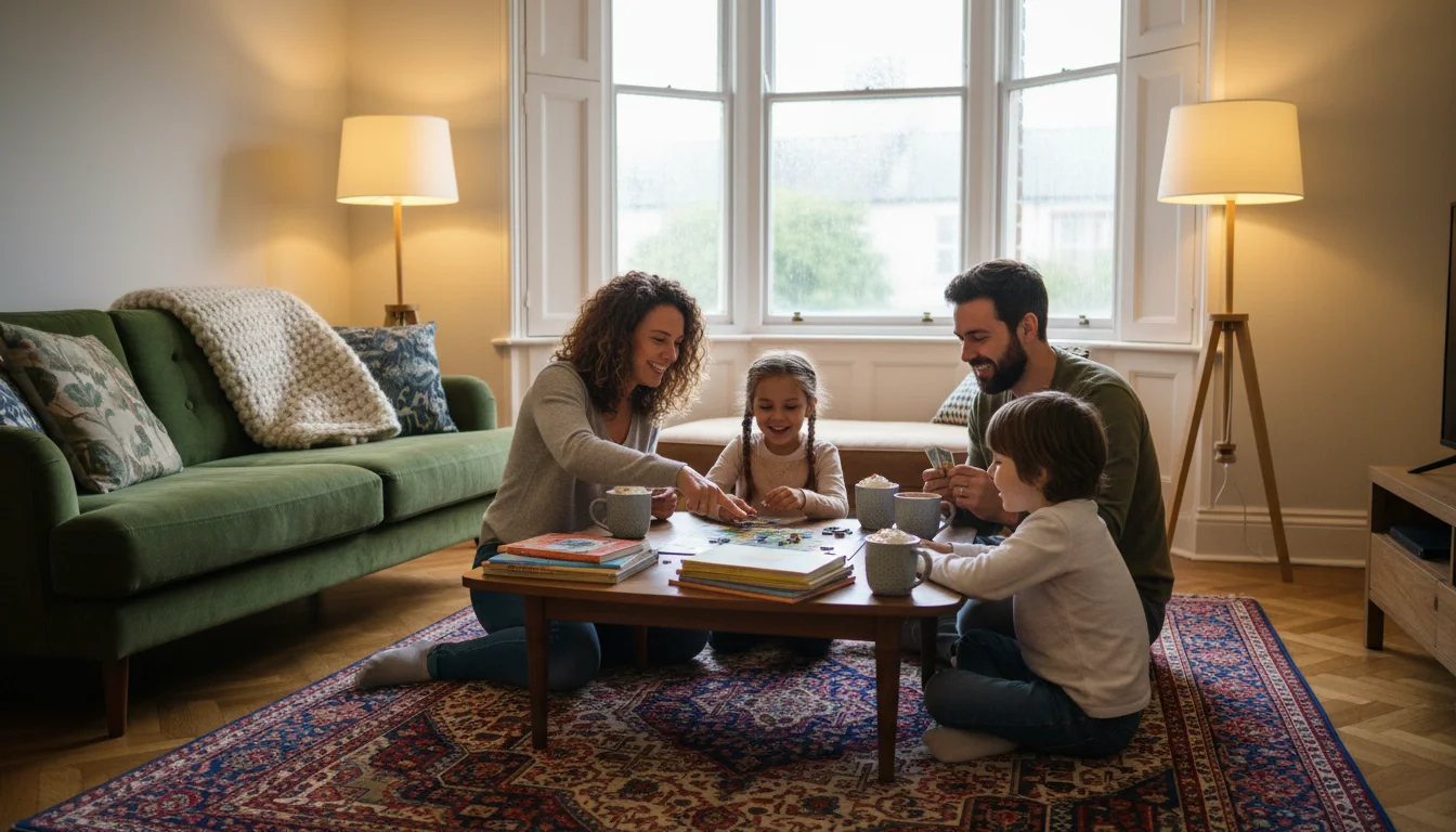 דירה לונדונית ביום גשום - משחקי קופסא ושוקו חם ליד חלון ויקטוריאני