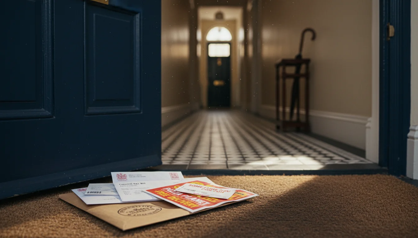 ערימת דואר שלא נפתח על שטיח הכניסה בדירה ריקה בלונדון - מכתבים רשמיים מחברת הניהול