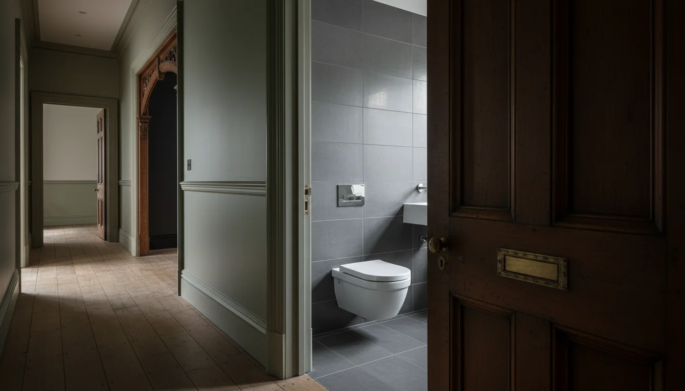 חדר רחצה מודרני מאחורי דלת פאנל ויקטוריאנית מקורית - הניגוד בין ישן לחדש