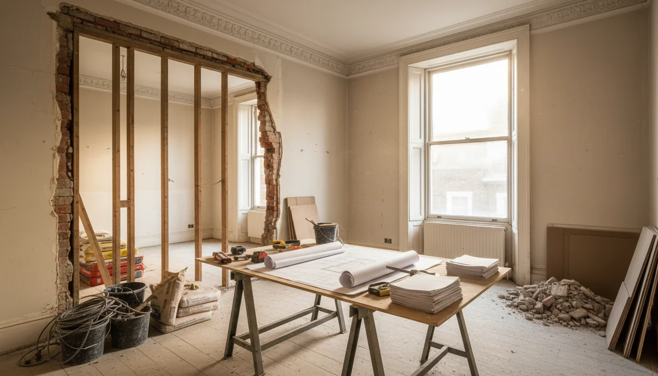 פנים דירה ויקטוריאנית בלונדון באמצע שיפוץ עם תוכניות אדריכליות על השולחן