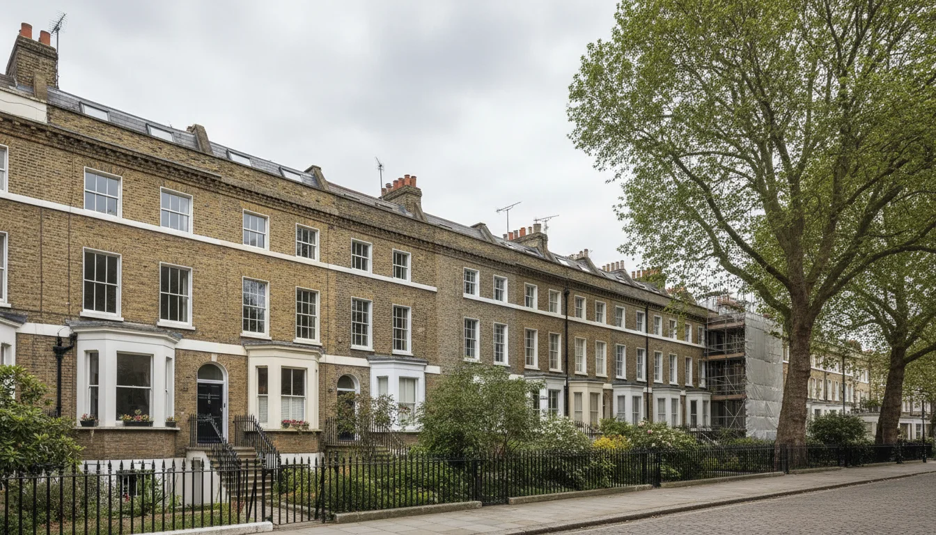 כיכר מגורים באזור שימור בלונדון עם בתים ג'ורג'יאניים ופיגומים על בית אחד