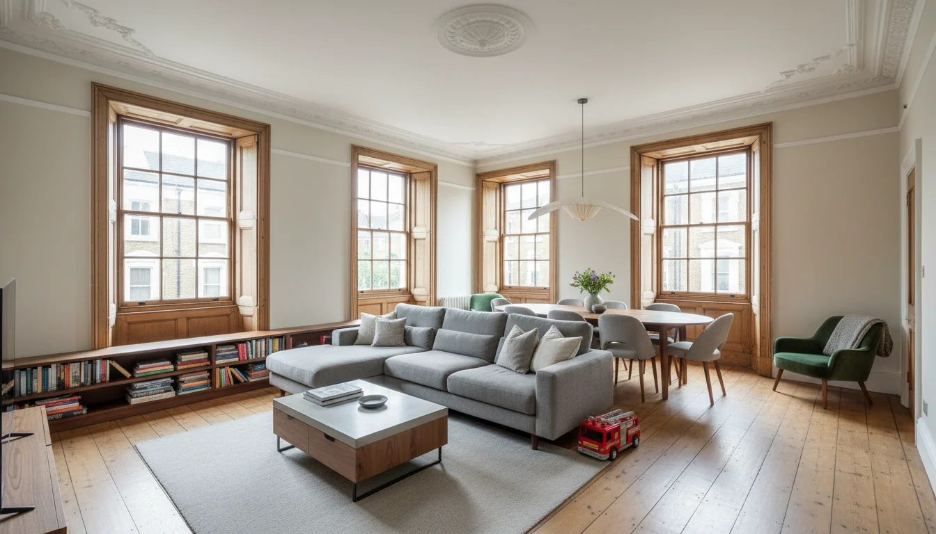 דירה משופצת ב-mansion block ויקטוריאני בלונדון - תקרות גבוהות, חלונות גדולים ואור טבעי