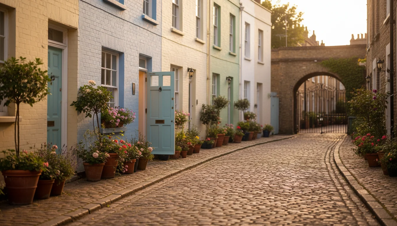 רחוב mews שקט בלונדון עם בתים קטנים וצבעוניים על רצפת אבן - סוג נכס ייחודי ללונדון