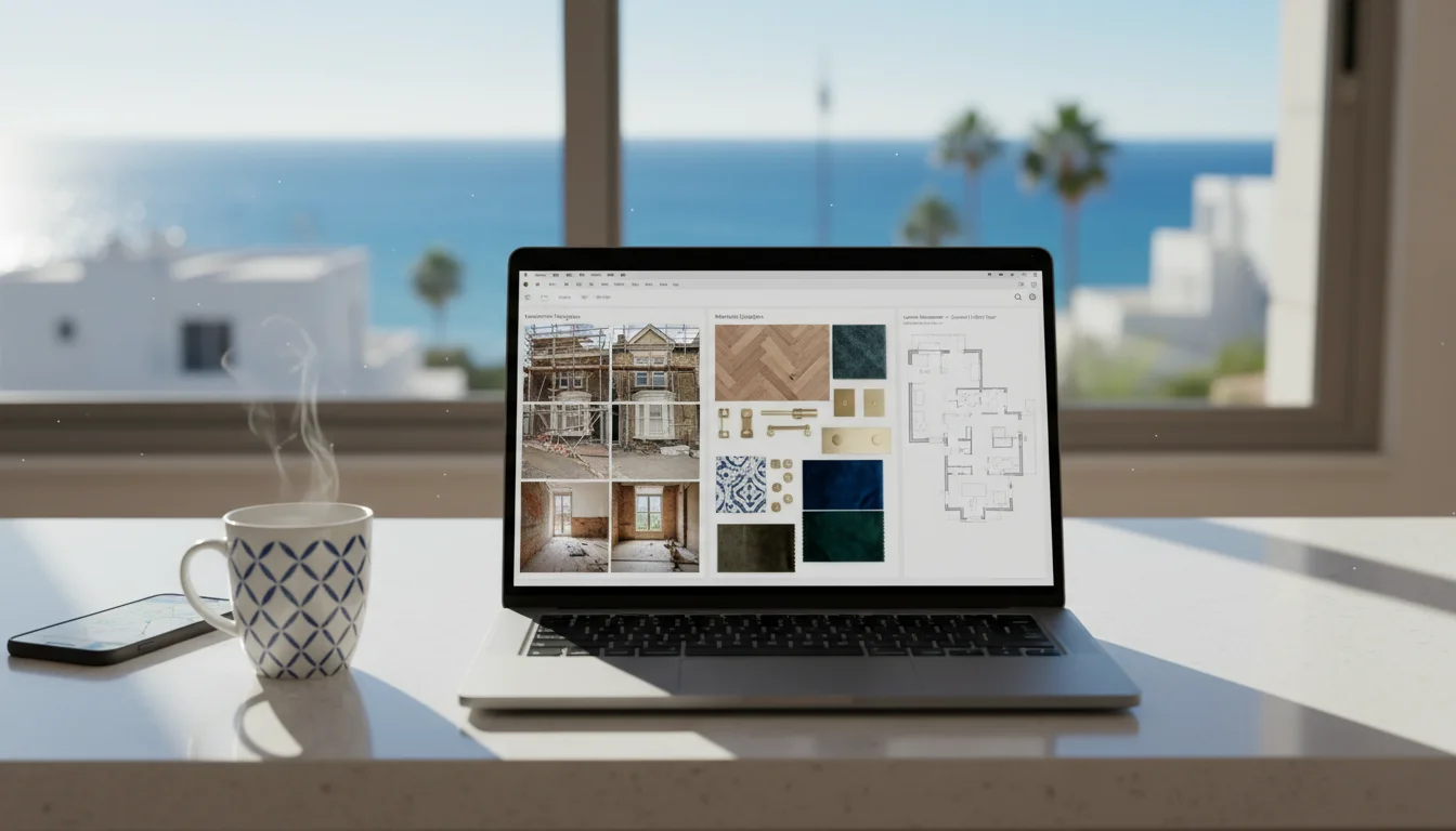 ניהול שיפוץ מרחוק - מסך מחשב עם תמונות התקדמות מאתר בניה בלונדון