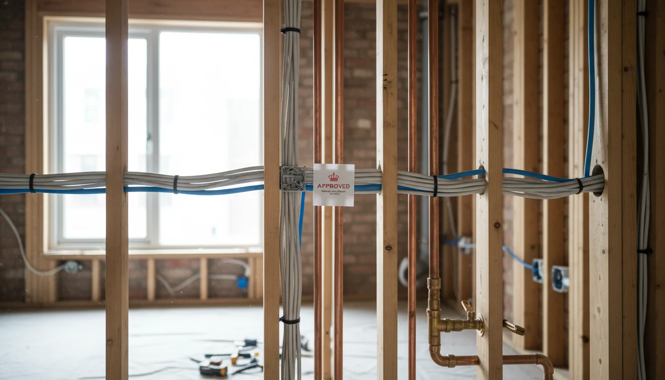 שלב first fix בשיפוץ דירה בלונדון - צנרת וחיווט חשמלי לפני טייח