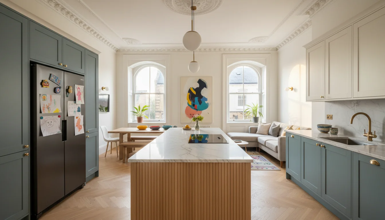 מטבח משופץ בדירה ויקטוריאנית בלונדון - שילוב מודרני עם פרטים מקוריים