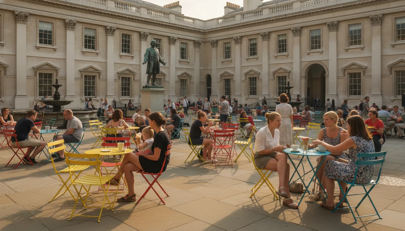 החצר המרכזית של Burlington House בקיץ - Courtyard Cafe עם כיסאות צבעוניים ואנשים יושבים