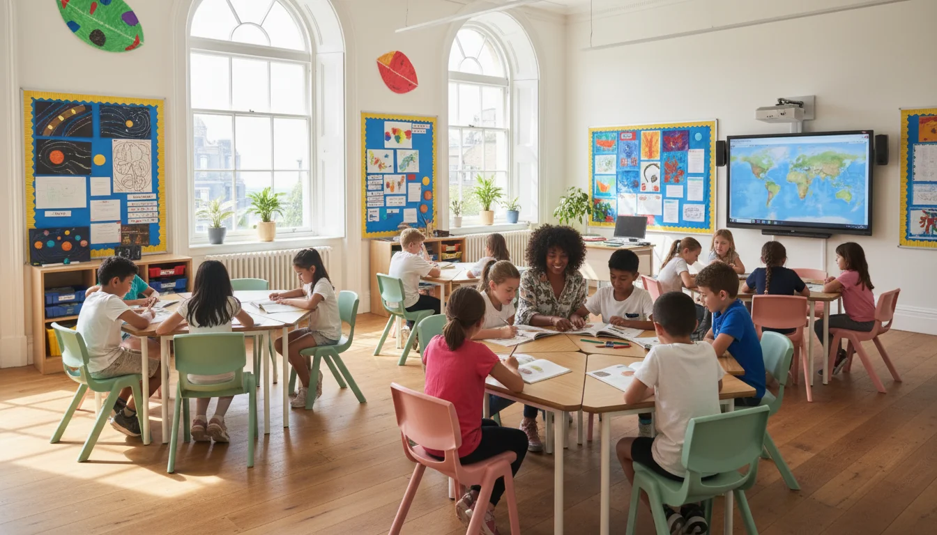 כיתה בבית ספר בינלאומי בלונדון - ילדים מרקעים שונים בכיתה קטנה ומוארת