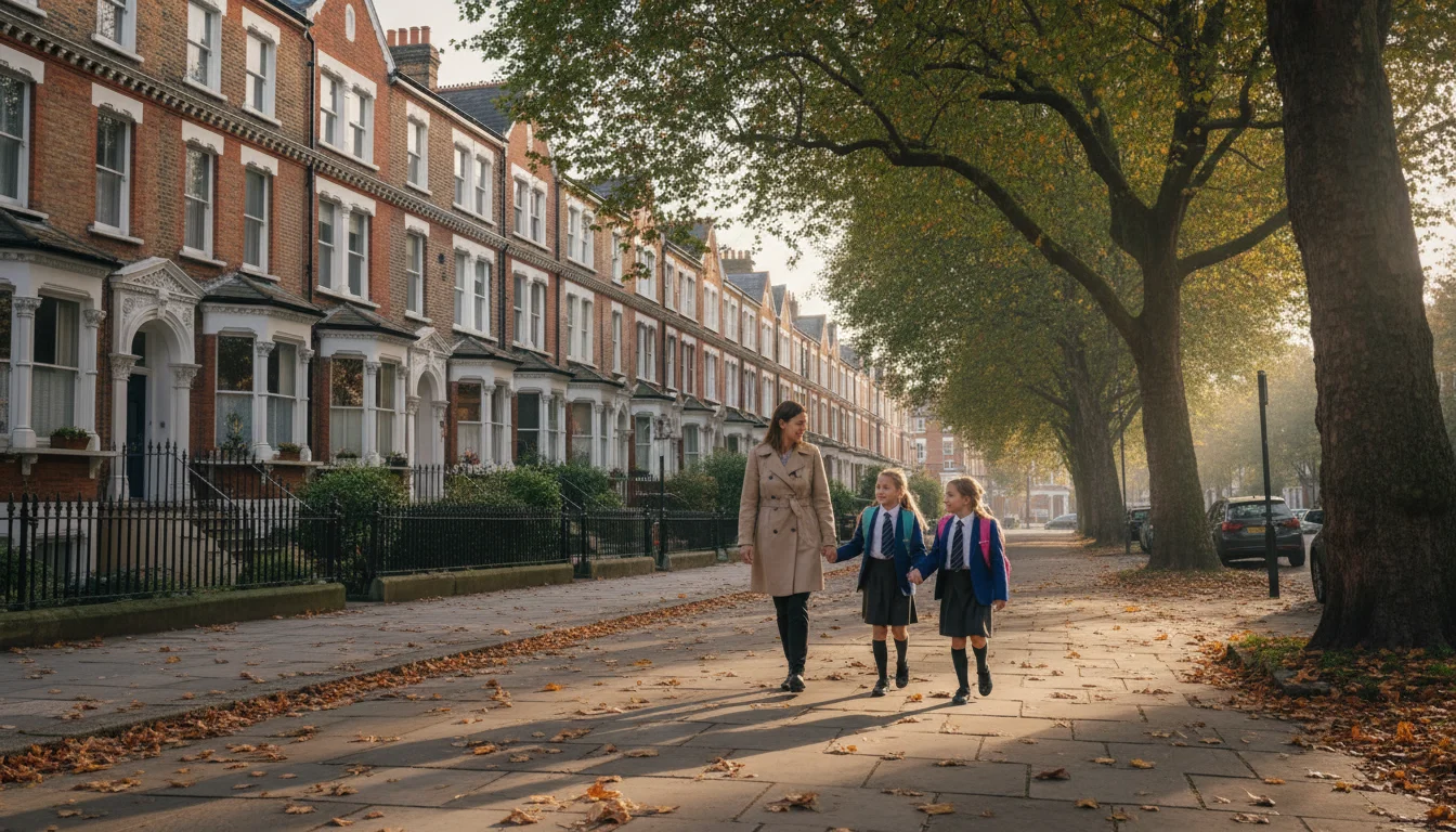 הליכה לבית הספר ברחוב מגורים בצפון לונדון - הורה וילדים במדים