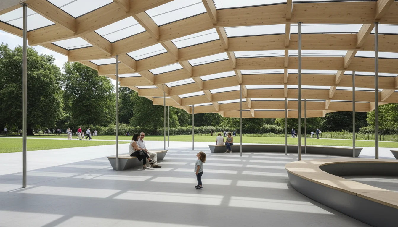 Serpentine Pavilion - ביתן אדריכלי זמני על הדשא ליד הגלריה הראשית ב- Kensington Gardens בקיץ