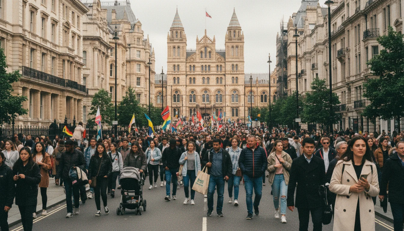 Exhibition Road בסאות׳ קנזינגטון עם המוני תיירים בסופשבוע - רחוב מגורים שהפך לרחוב תיירותי