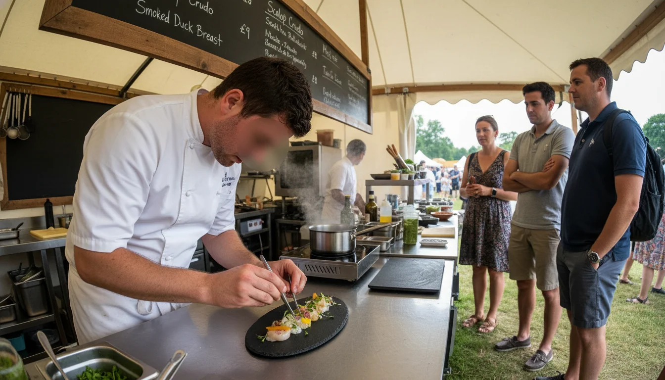 Taste of London - שף מסעדה מנקיש מנה קטנה בדוכן המסעדה בפסטיבל, מאחור תפריט גיר עם שמות המנות והמחירים