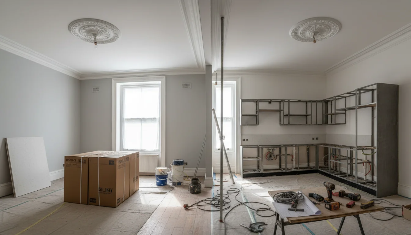 עיצוב פנים בלונדון - שיפוץ דירה ויקטוריאנית בתהליך, שילוב של ישן וחדש