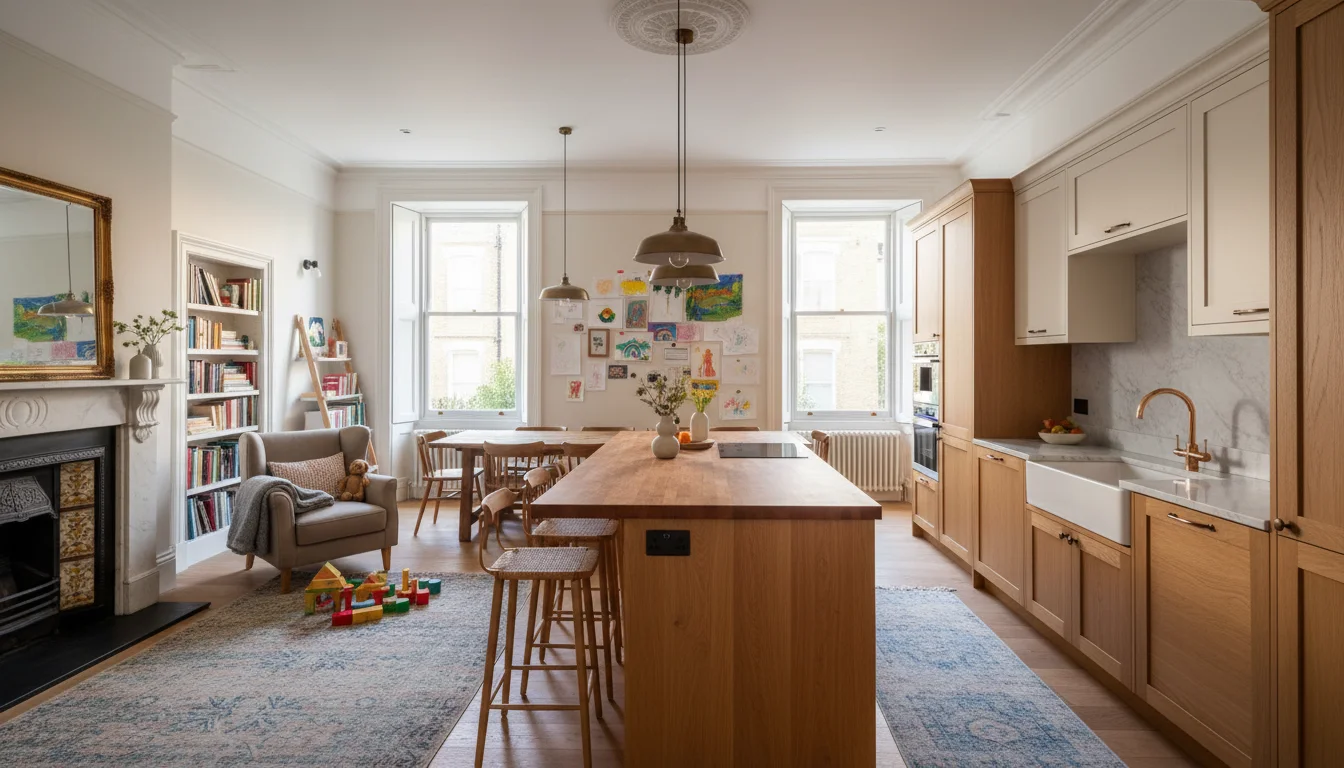 עיצוב דירה בלונדון למשפחה - מטבח פתוח עם אי גדול בדירה ויקטוריאנית משופצת