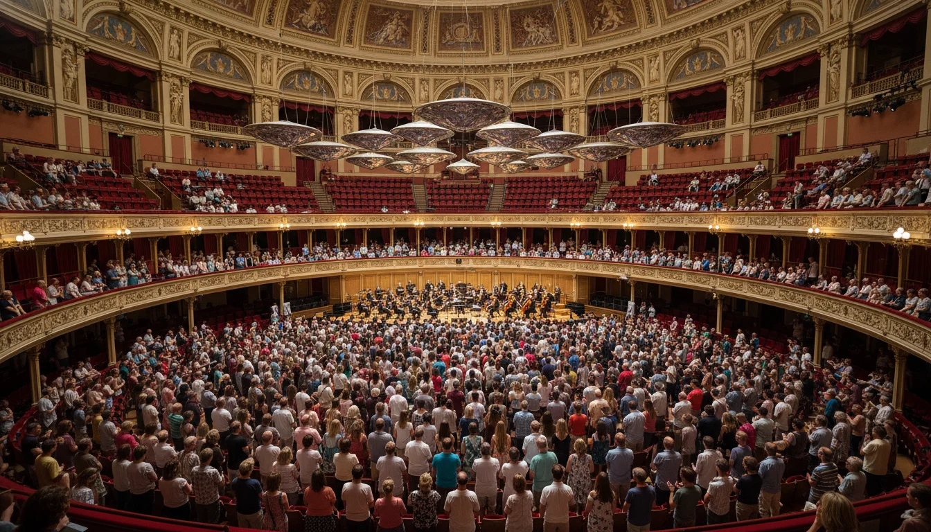 Royal Albert Hall - אזור ה-Arena בזמן קונצרט BBC Proms, מקומות העמידה ל-Prommers מול הבמה