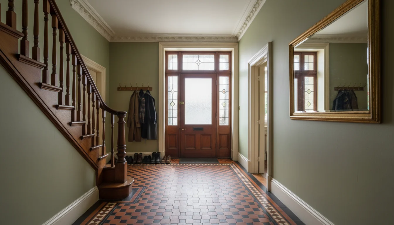 אריחים ויקטוריאניים מקוריים במסדרון כניסה של בית בלונדון - דפוסים גיאומטריים משוחזרים