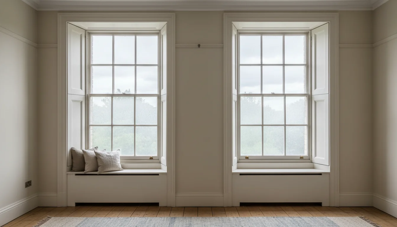 חלונות סאש ויקטוריאניים מקוריים בבית בלונדון - פרופורציות גבוהות ואור טבעי